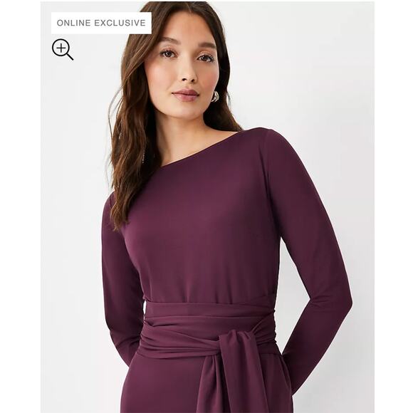 ANN TAYLOR Plum Long Sleeve Tie Waist Sheath Midi Dress // 10 - Picture 3 of 11